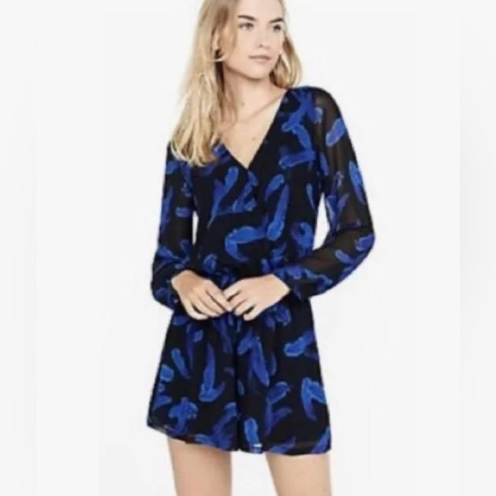NWT EXPRESS - Black and Blue Feather Romper Large